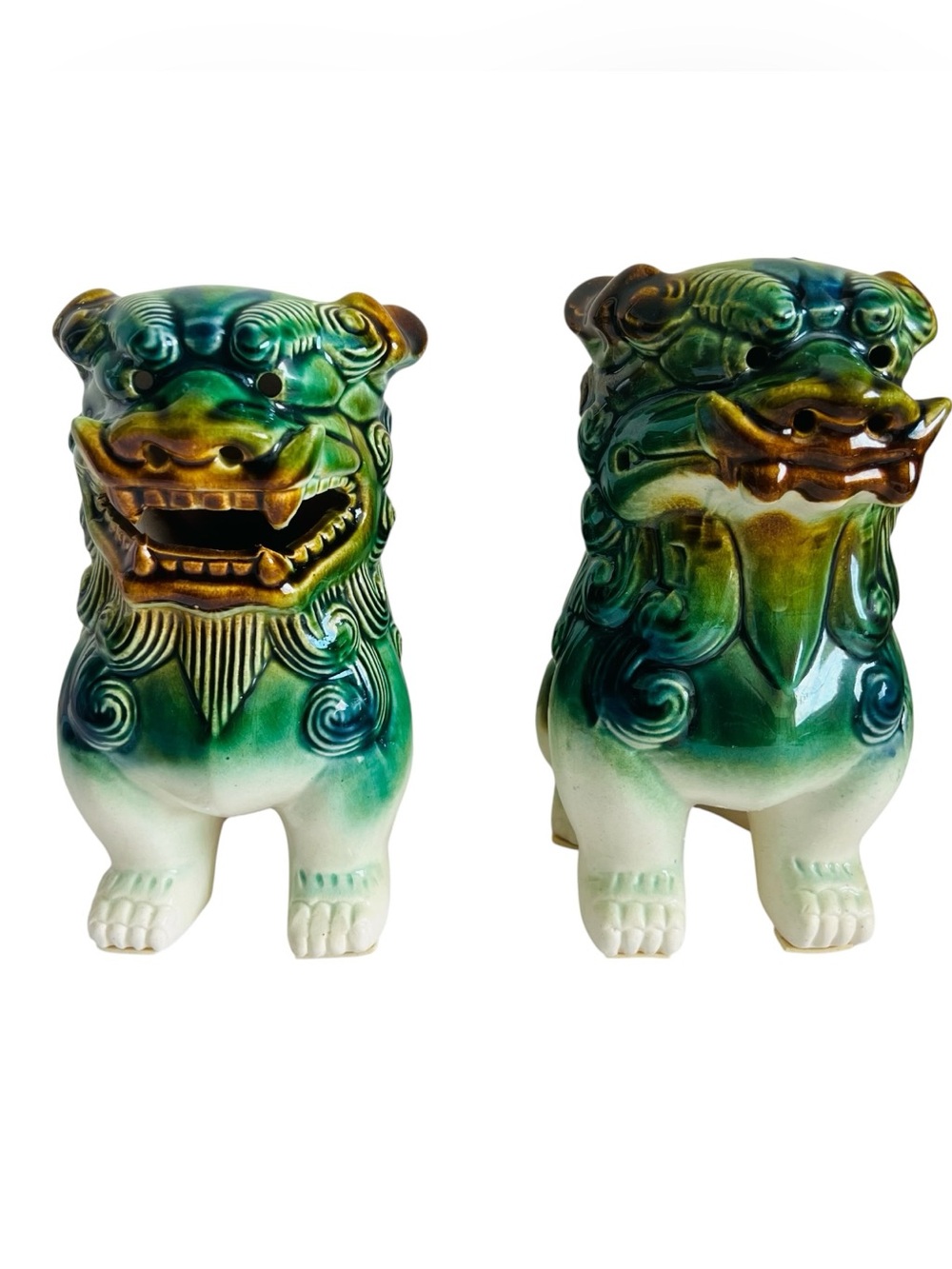 Vintage Green Ceramic Foo Dog Statues - Pair